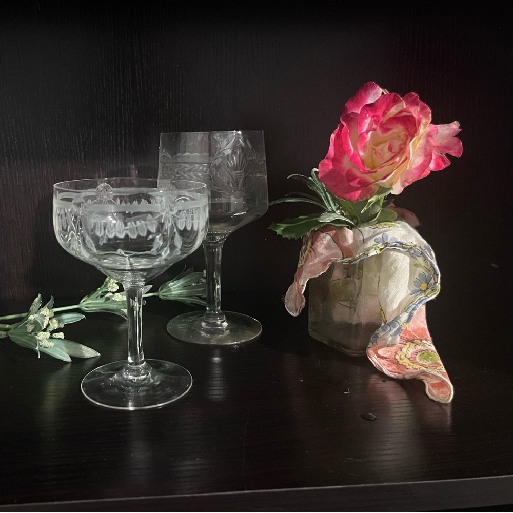 Vintag EtchedCrystal Glasses or for flowers w/ hankie scarf